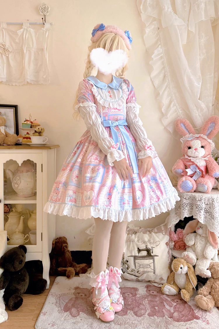 [Sweetheart Bunny Bear] Lapel Collar Long Sleeves Print Ruffle Bowknot Sweet Lolita Dress 3 Colors - Product - 3