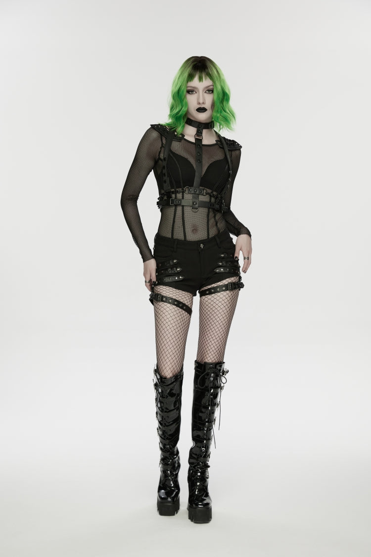 Black  Studded Women's Punk Shorts with Detachable Leg Harnesses - Product - 7