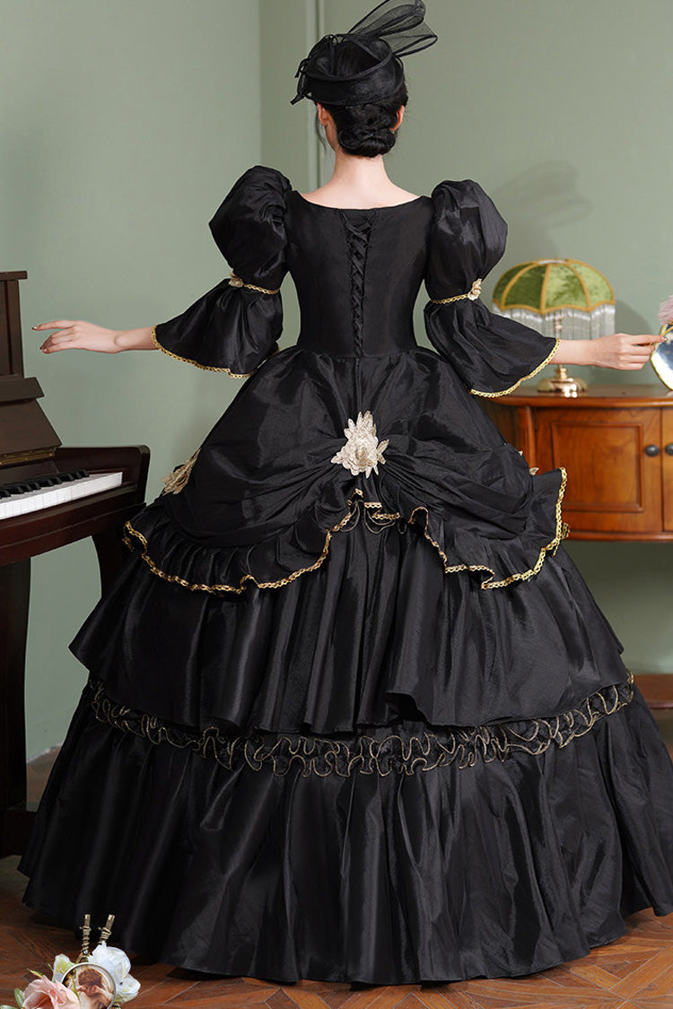 Black Square Collar Half Trumpet Sleeves Double-Layered Ruffled Open-Front Gothic Vintage Palace Lolita Victorian Dress - Product - 3