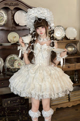 White [Pearl Ballet] Square Collar Sleeveless Multi-Layered Ruffled Bow Lace-Up Pearl-Decorated Sweet Ballet Lolita Jsk Dress - White(Dress-Only) - 1