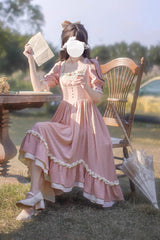 Pink Square Collar Short Puff Sleeves Ruffle Embroidery Sweet Elegant Lolita Dress - Product - 5