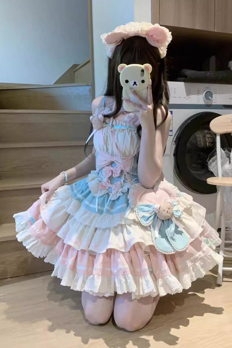 Blue/Pink [First Love Bear] Multi-Layered Ruffle Bowknot Lace Sweet Lolita Jsk Dress - Product - 3
