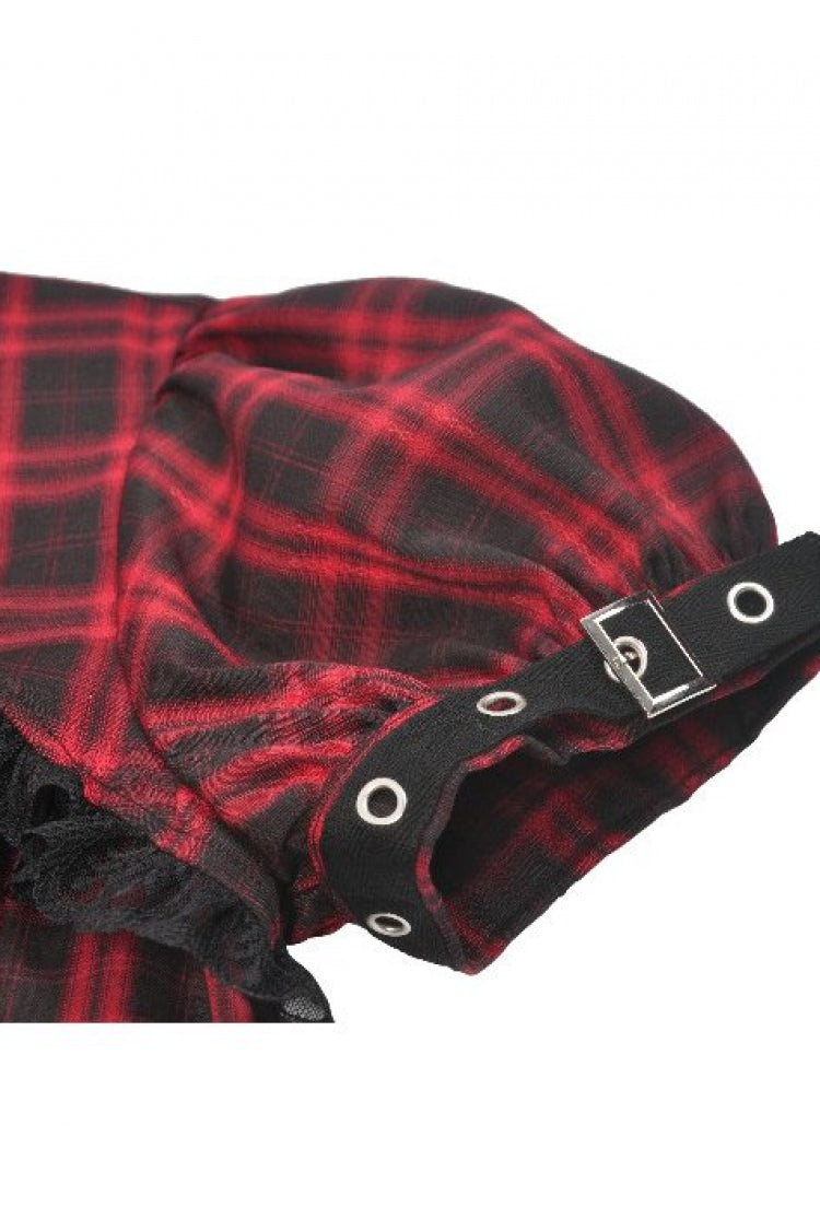 Black/Red Plaid Turn-Down Collar Cut-Out Short Sleeves Lace-Up Women's Punk Retro Mini Dress - Product - 14