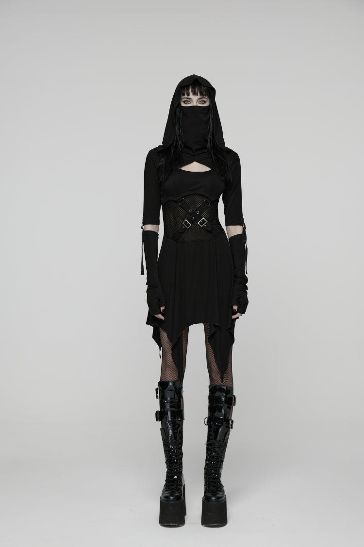 Black Long Sleeves Cut-Out Patchwork Lace-Up Slim Fit Hooded Women's Punk Dress - Product - 6