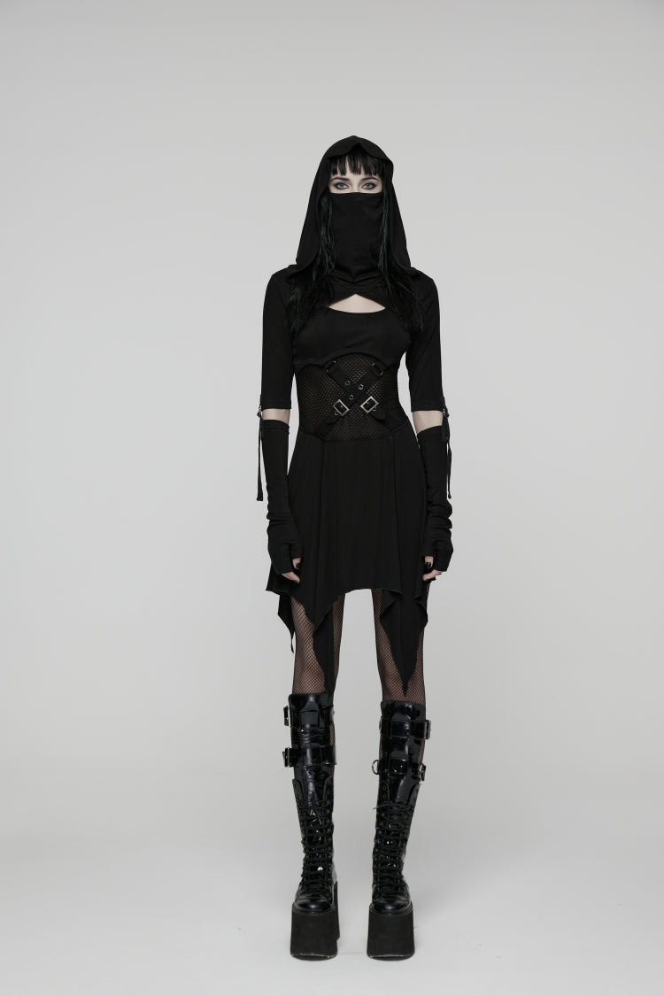 Black Long Sleeves Cut-Out Patchwork Lace-Up Slim Fit Hooded Women's Punk Dress - Product - 6