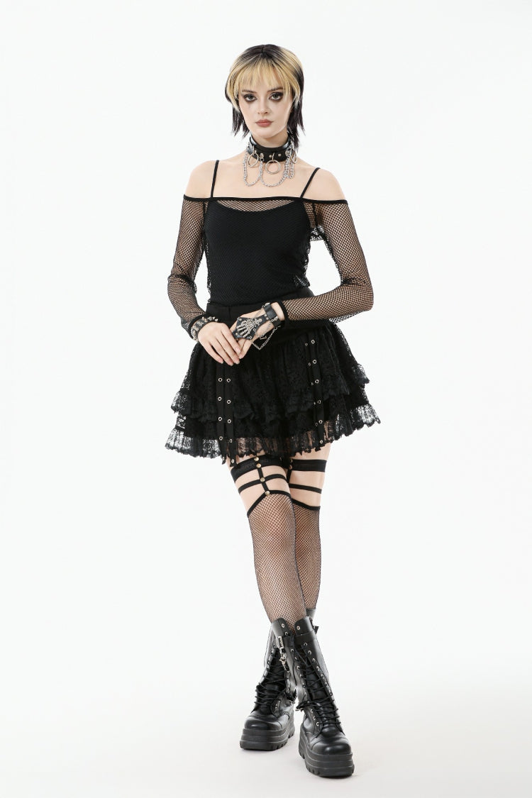 Black Off Shoulder Long Sleeves Mesh Women's Gothic Versatile Top - Product - 8