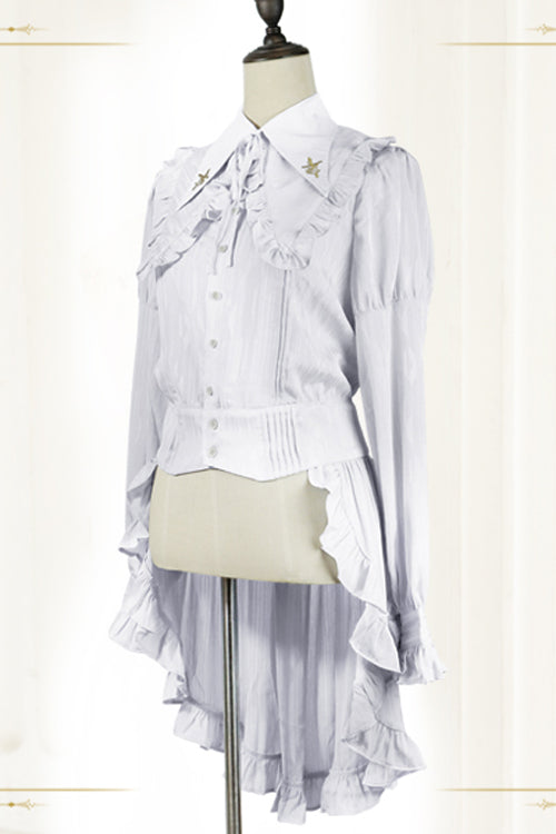 Vintage Lapel Collar Long Sleeves Ruffled Swallowtail Ouji Lolita Blouse - White - 1