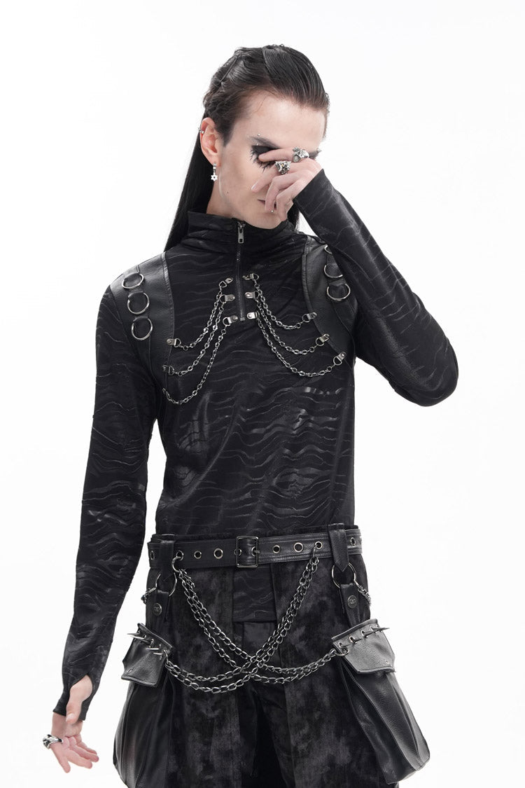 Black Chain Rings Stand Collar Long Sleeves Men's Gothic T-Shirt - Product - 4