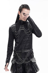 Black Chain Rings Stand Collar Long Sleeves Men's Gothic T-Shirt - Product - 4