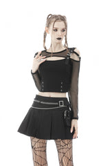 Black Pleated Big-pocket Chain-Decorated Women's Punk Mini Skirt with Belt - Black - 1