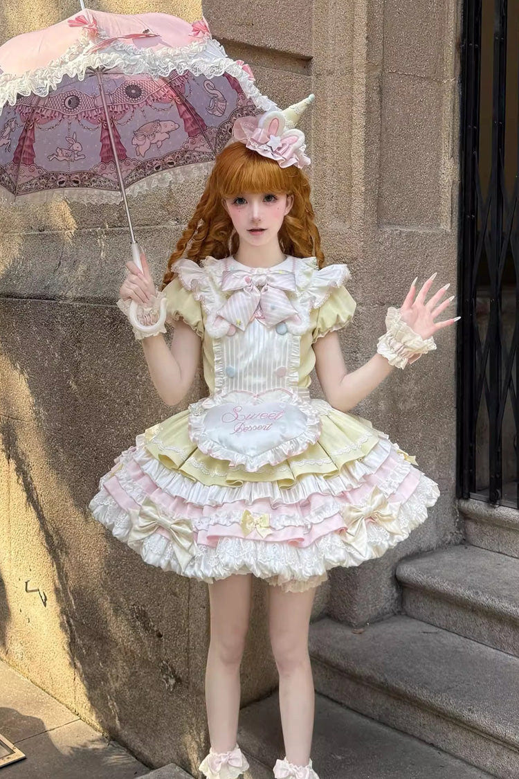 Yellow/Pink [Sweet Bunny Chef] Short Sleeves Multi-Layered Ruffle Bowknot Sweet Lolita Dress - Product - 4