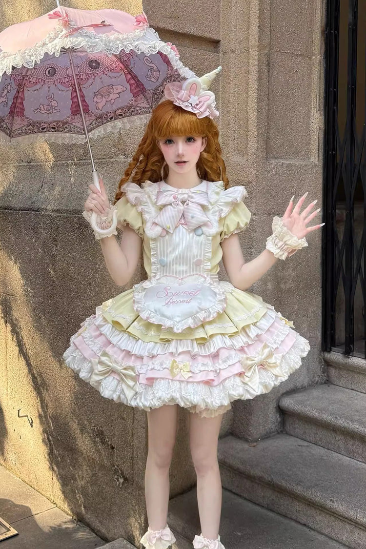 Yellow/Pink [Sweet Bunny Chef] Short Sleeves Multi-Layered Ruffle Bowknot Sweet Lolita Dress - Product - 4