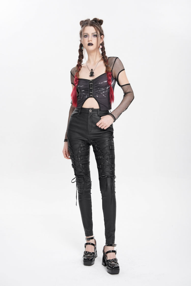 Black Lace-Up Eyelet Straps Women's Punk Pants - Product - 8