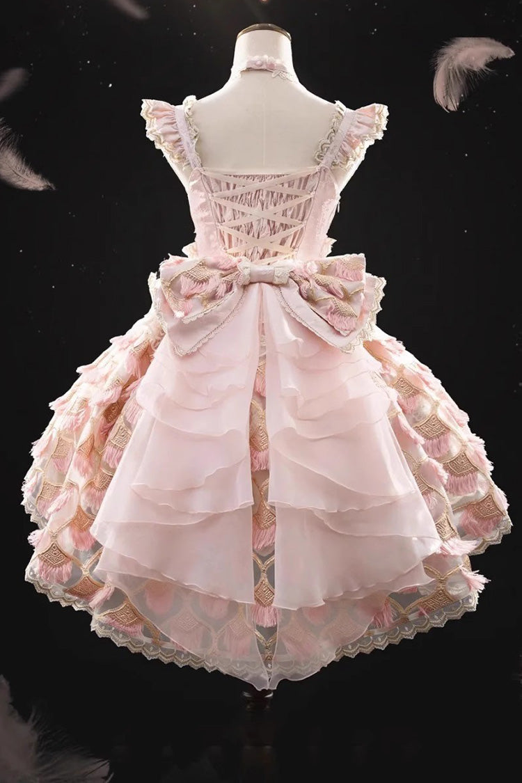 Pink [Peacock Feather] Multi-Layered Ruffle Hanayome Cardigan Bowknot Lace Sweet Lolita Jsk Dress Set - Product - 9