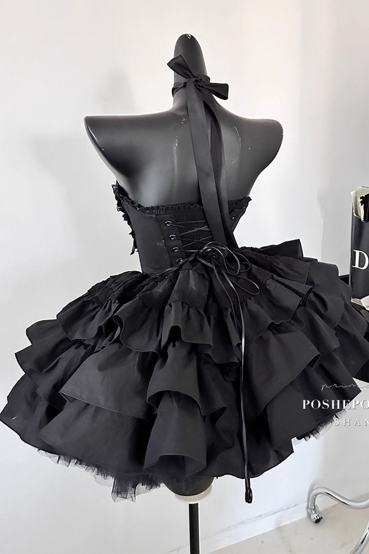 Black Sleeveless Triple-Layered Ruffle Bowknot Lace Gothic Princess Lolita Dress - Product - 9