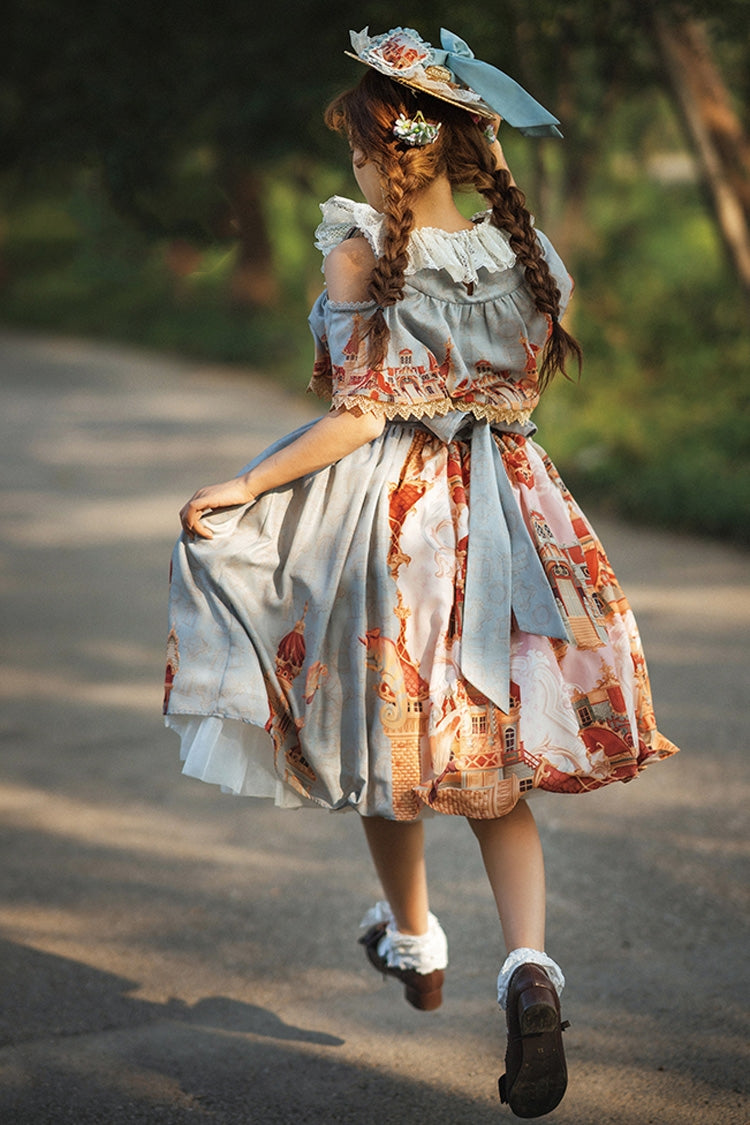 Multi-Color European Architectural Oil Painting Print Off Shoulder Short Sleeves Bowknot Sweet Lolita Dress - Product - 7