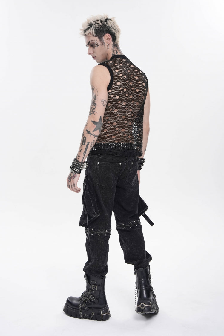 Black Round Collar Sleeveless Cut-Out Mesh Ripped Chain-Decorated Eyelet Men's Punk Cool Vest - Product - 11