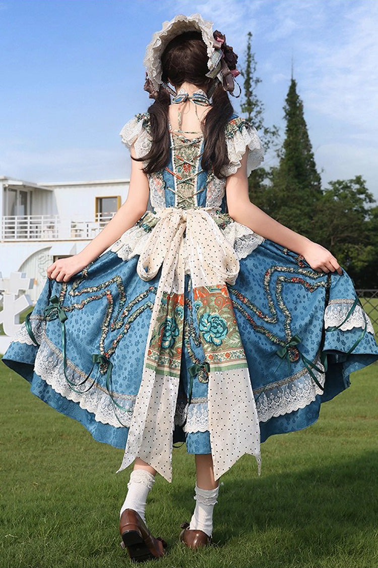 Blue [Lake Monet] Sleeveless High Waisted Print Ruffle Cardigan Bowknot Lace-Up Classic Vintage Elegant Princess Lolita Jsk Dress - Product - 3