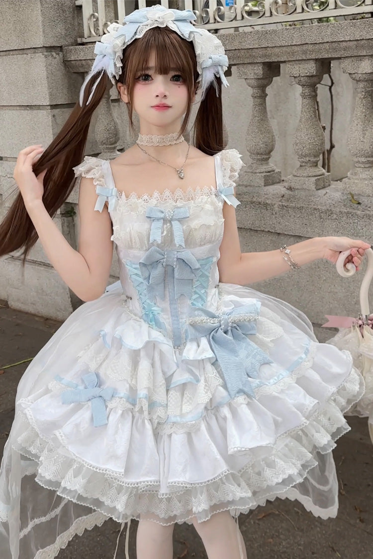 Blue/White [Clouds and Mist] Multi-Layered Ruffle Bowknot Lace Sweet Princess Lolita Jsk Dress - Product - 6