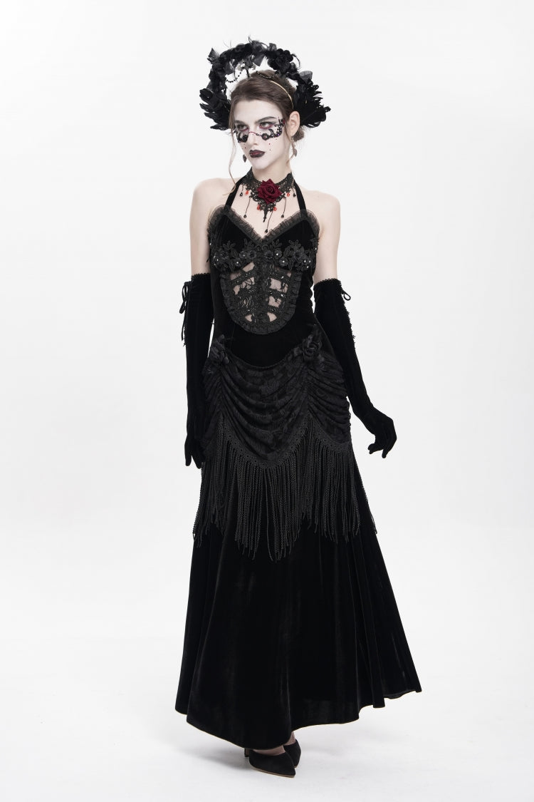 Black Sleeveless Hollow Floral Embroidery Lace-Up Pleated Women's Gothic Maxi Dress - Product - 5