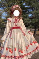 White Strawberry Print Ruffle Bowknot Sweet Lolita Dress Set - Product - 2