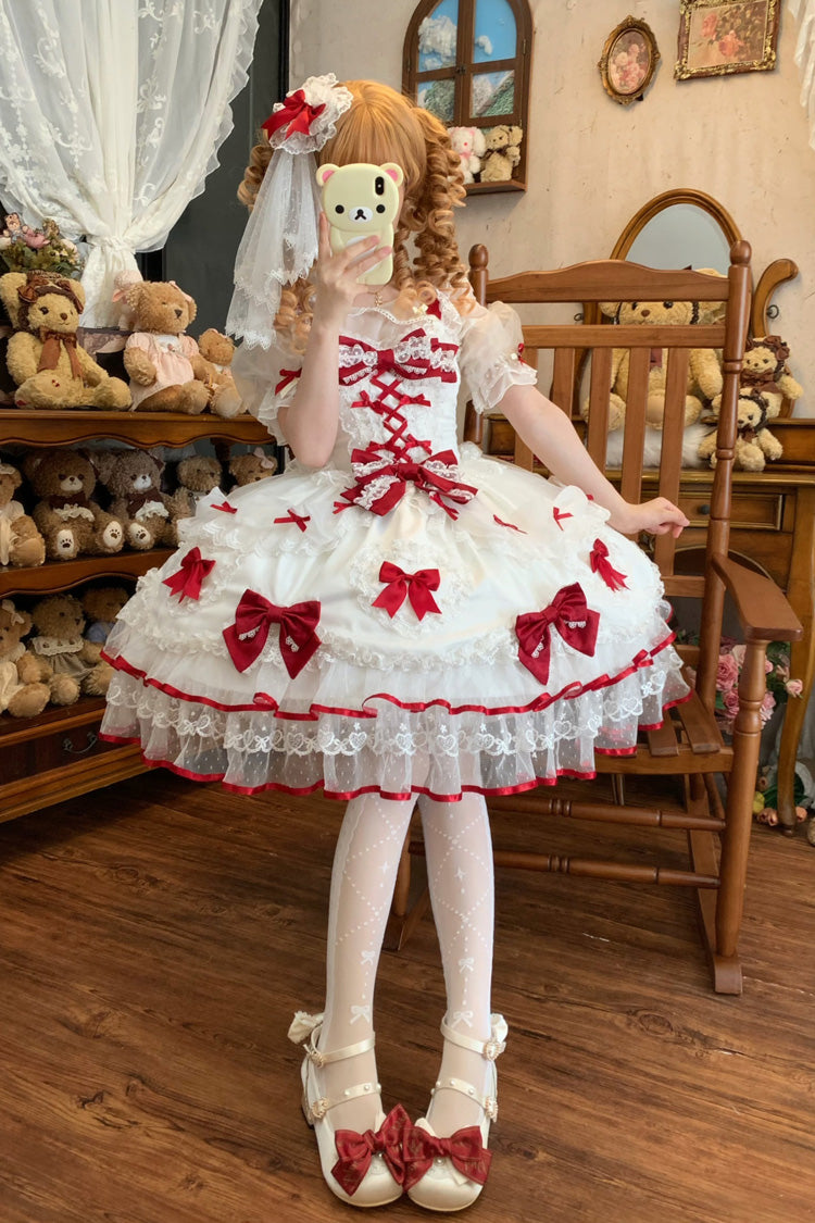 White/Red [Sweetheart] Sleeveless Multi-Layered Embroidered Bow Lace Lace-Up Sweet Lolita Jsk Dress - Product - 8