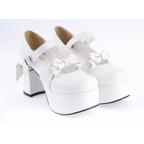 White Patent Leather Round Toe Strap Bowknot Platform Lolita Shoes - Product - 3