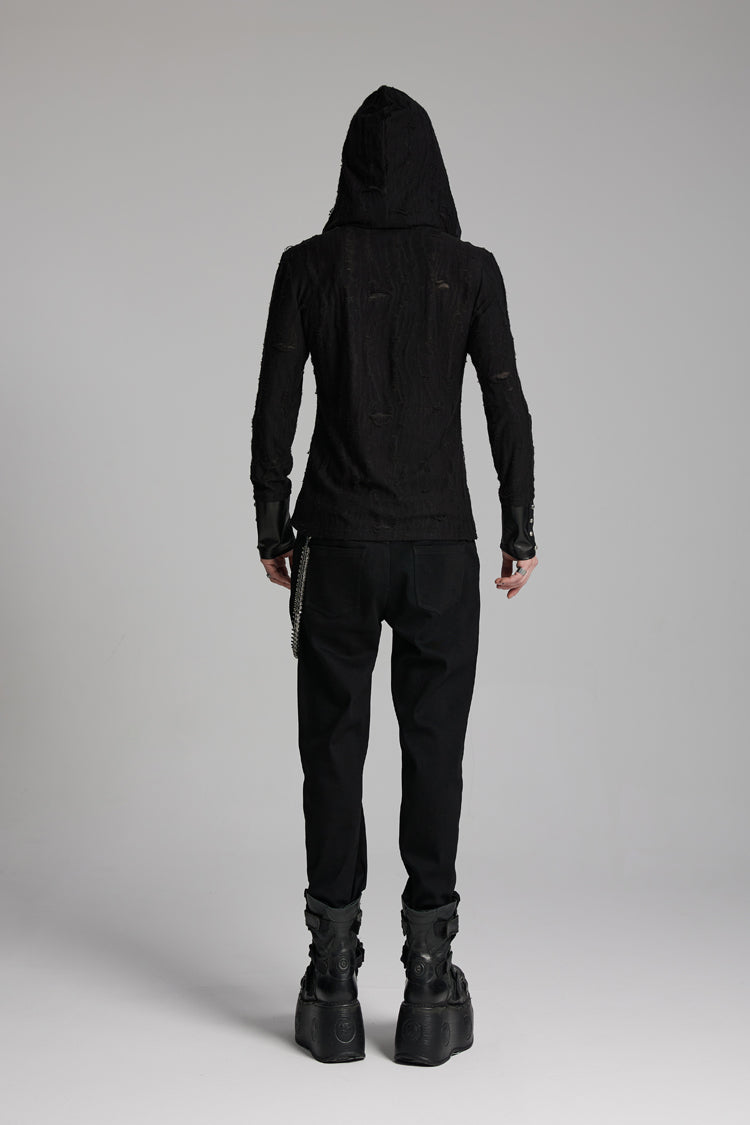 Black Long Sleeves Lace-Up Hooded Studs Eyelets Men's Punk T-Shirt - Product - 5