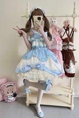 Blue Cream Multi-Layered Polka Dots Print Ruffle Bowknot Sweet Lolita Jsk Dress - Product - 8