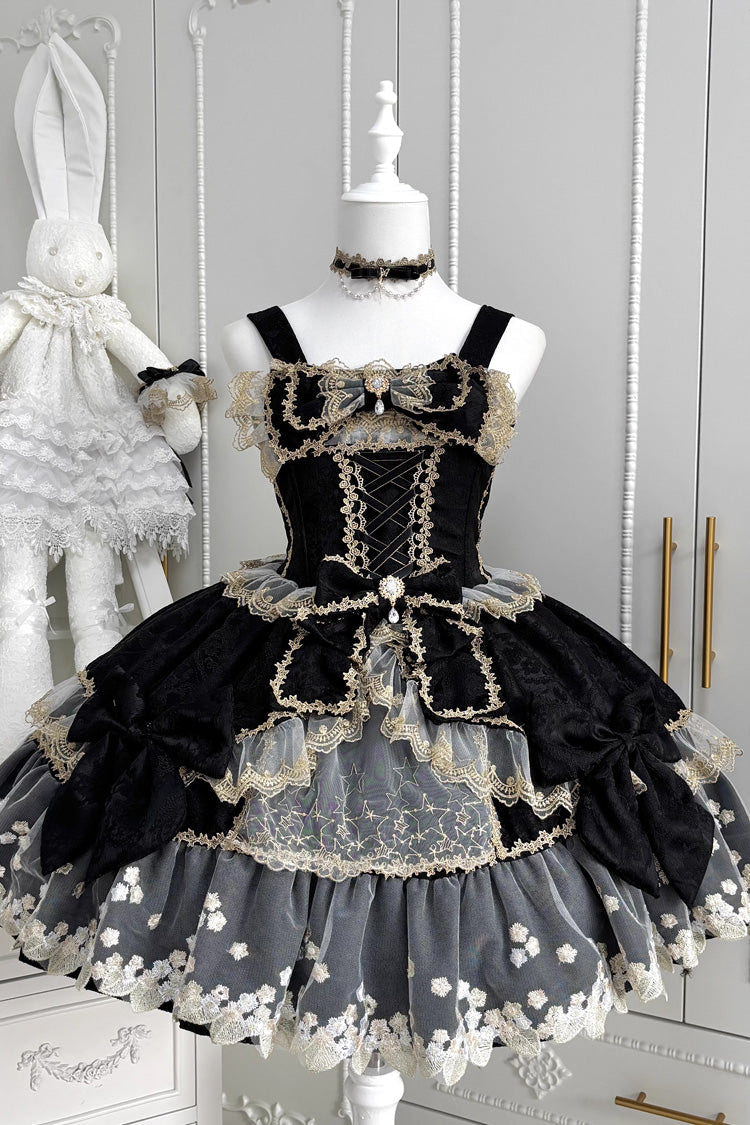 Sweet Sleeveless Ruffled Foil-Stamped Embroidered Open-Front Bow Lace Gorgeous Lolita Jsk Dress 4 Colors - Black/Gold - 4