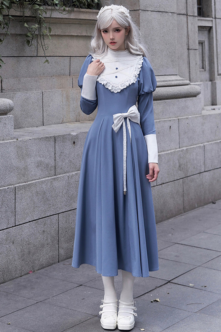Blue Nun Style Stand Collar Long Sleeves Ruffle Bowknot Classic Elegant Lolita Dress - Product - 5