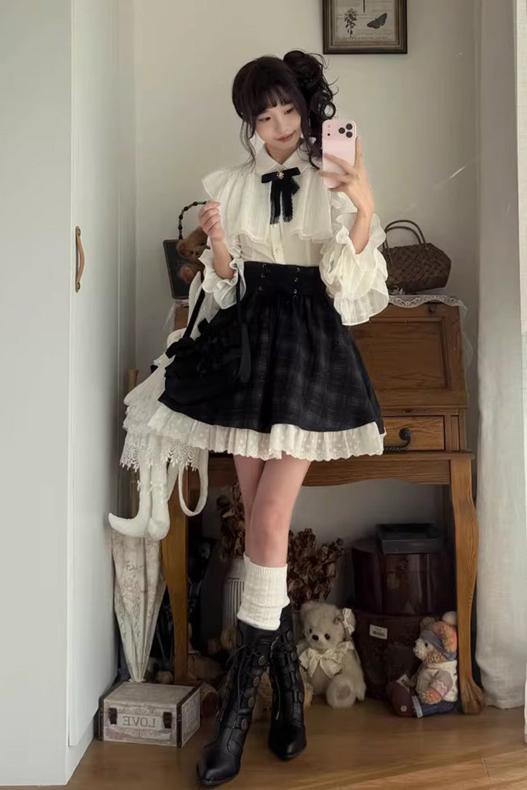 Black/White Long Sleeves Plaid Printed Lace Lace-Up Sweet Jirai Kei Skirt Set - Black/White - 1