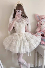 White [Moonlight] Sleeveless Ruffle Bowknot Lace Sweet Lolita Jsk Dress - White - 1