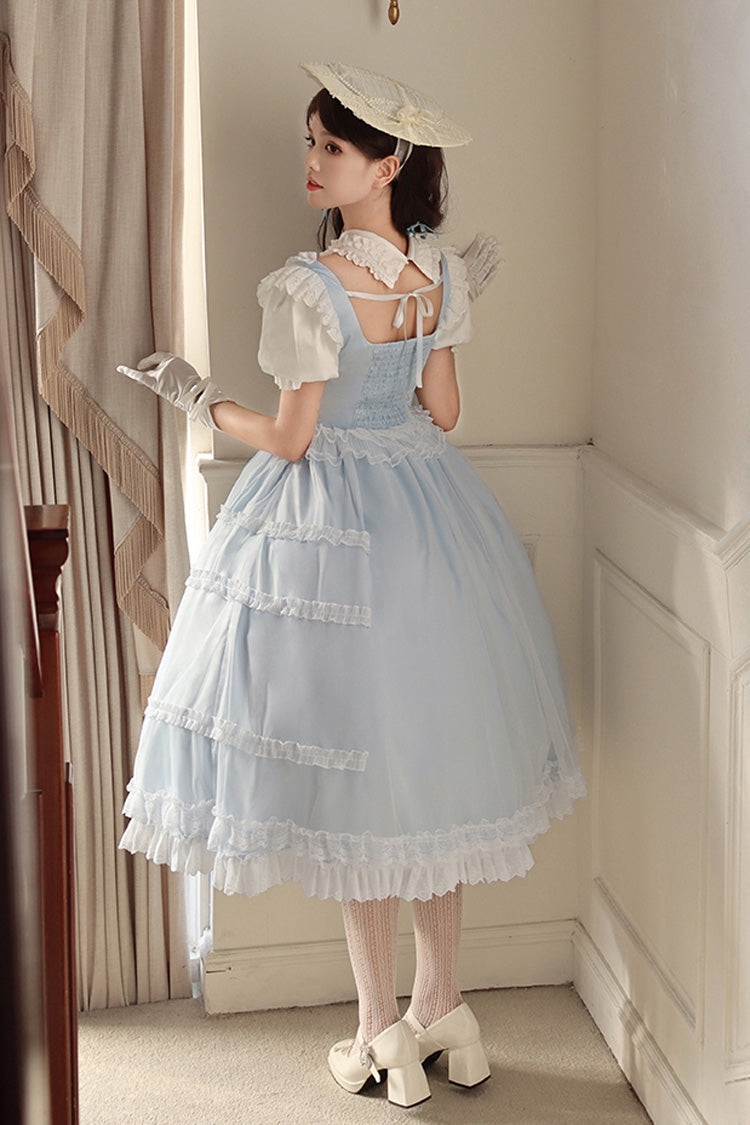 Light Blue Confession Poem Square Collar Short Sleeves Ruffle Sweet Elegant Lolita Dress Set - Product - 10