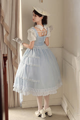 Light Blue Confession Poem Square Collar Short Sleeves Ruffle Sweet Elegant Lolita Dress Set - Product - 10