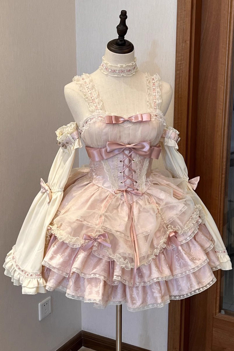 Pink Sleeveless Multi-layer Ruffle Bowknot Lace-Up Sweet Princess Lolita Jsk Dress - Product - 3