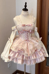 Pink Sleeveless Multi-layer Ruffle Bowknot Lace-Up Sweet Princess Lolita Jsk Dress - Product - 3