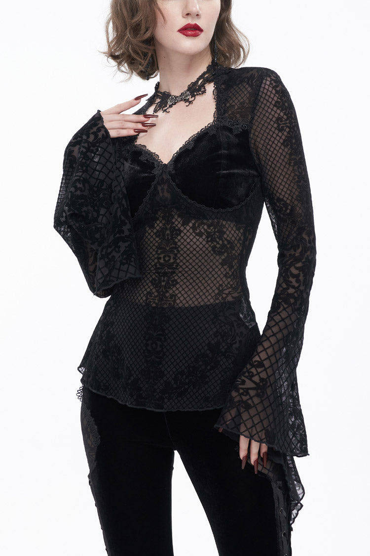 Black Velvet Mesh Splicing Metal Buttons Flared Sleeve Lace Women's Gothic T-Shirt - Black - 1