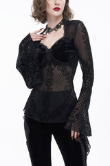 Black Velvet Mesh Splicing Metal Buttons Flared Sleeve Lace Women's Gothic T-Shirt - Black - 1