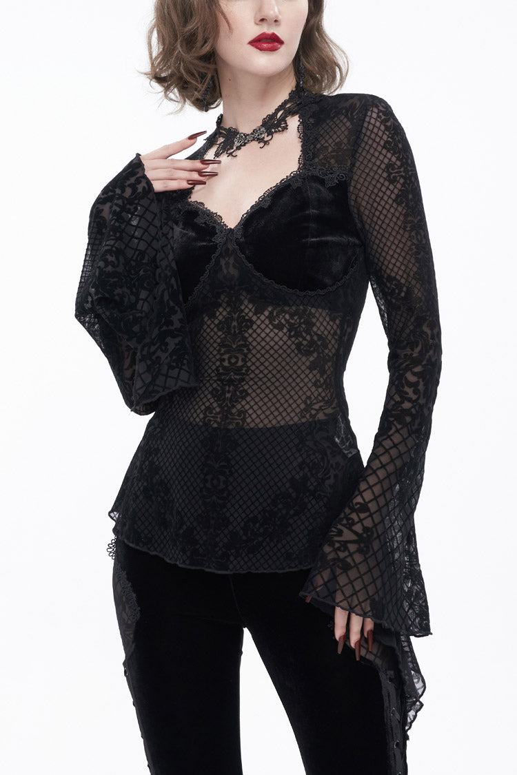 Black Velvet Mesh Splicing Metal Buttons Flared Sleeve Lace Women's Gothic T-Shirt - Black - 1