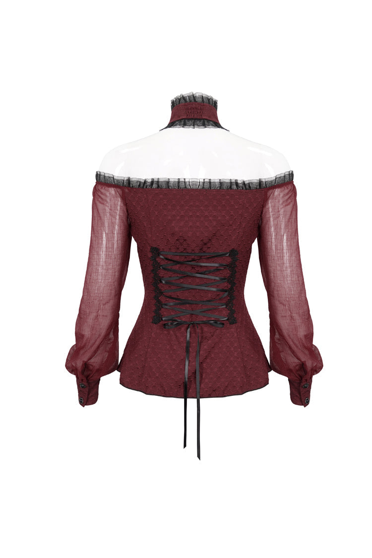 Red Lace Trim Panel Adjustable Back Long Sleeve Women's Gothic Shirt - Product - 8