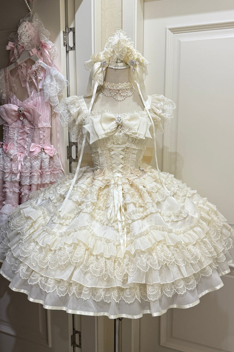 Apricot [Eternal Vow] Sleeveless Multi-Layered Ruffle Hanayome Bowknot Lace Lace-Up Sweet Lolita Jsk Dress - Apricot - 1