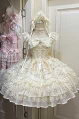 Apricot [Eternal Vow] Sleeveless Multi-Layered Ruffle Hanayome Bowknot Lace Lace-Up Sweet Lolita Jsk Dress - Apricot - 1