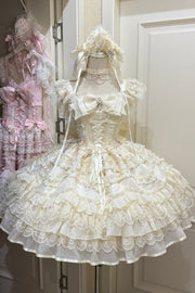 Apricot [Eternal Vow] Sleeveless Multi-Layered Ruffle Hanayome Bowknot Lace Lace-Up Sweet Lolita Jsk Dress - Apricot - 1