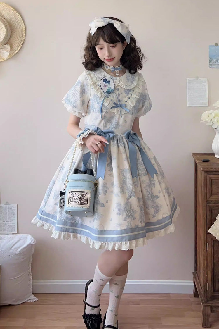 Blue [Grape Moon Almanac] Short Sleeves Multi-Layered Printed Ruffled Bow Sweet Lolita Dress - Blue - 1