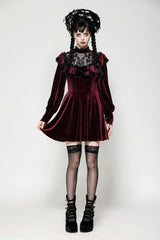 Red Long Sleeves Crochet Velvet Dress Women's Gothic Graduation Dress - Product - 9