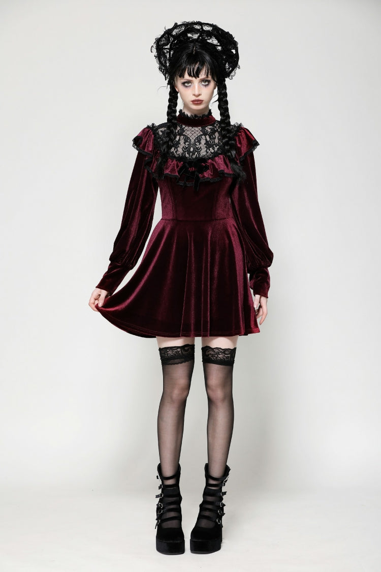Red Long Sleeves Crochet Velvet Dress Women's Gothic Graduation Dress - Product - 9