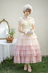 Pink [Sincere Vow] Edwardian Collar Short Sleeves Ombre Multi-Layered Ruffled Embroidered Sweet Lolita Dress - Product - 2