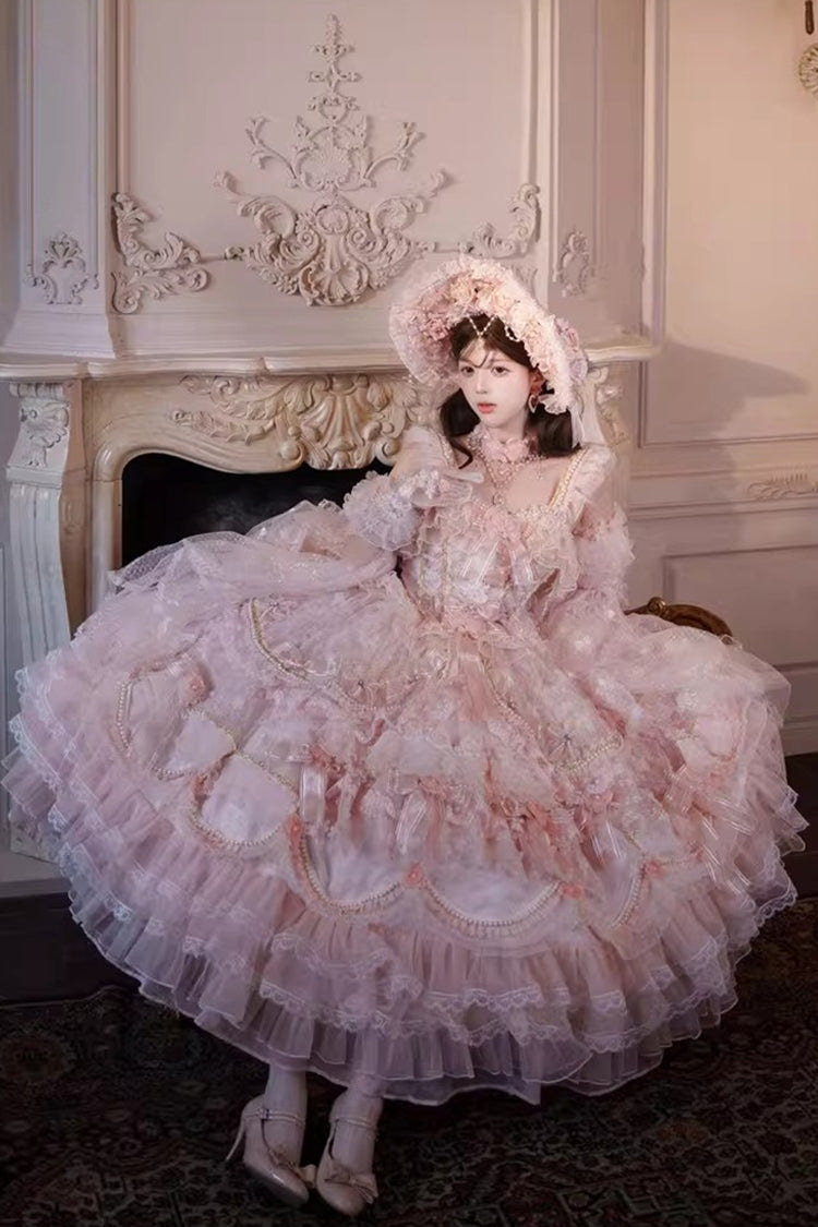 Pink [The Runaway Princess] Sleeveless Multi-Layered Printed Hanayome Bow Lace Pearl-Decorated Sweet Plus Size Gorgeous Lolita Jsk Dress - Product - 5