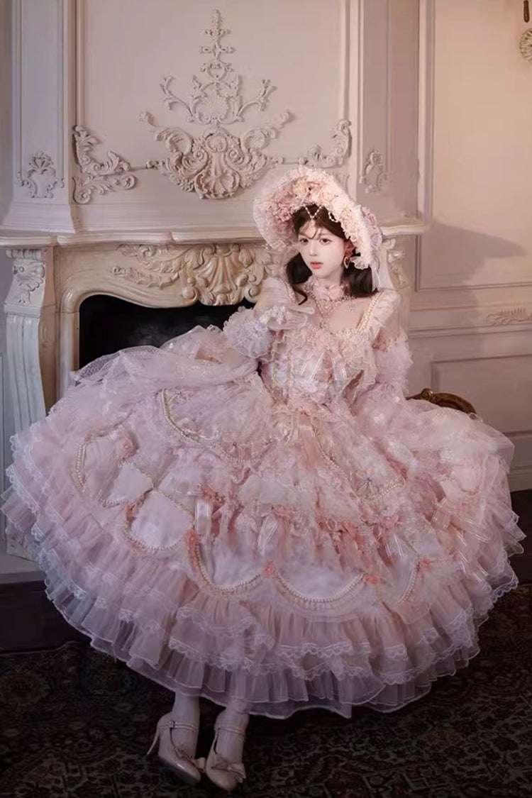 Pink [The Runaway Princess] Sleeveless Multi-Layered Printed Hanayome Bow Lace Pearl-Decorated Sweet Plus Size Gorgeous Lolita Jsk Dress - Product - 5